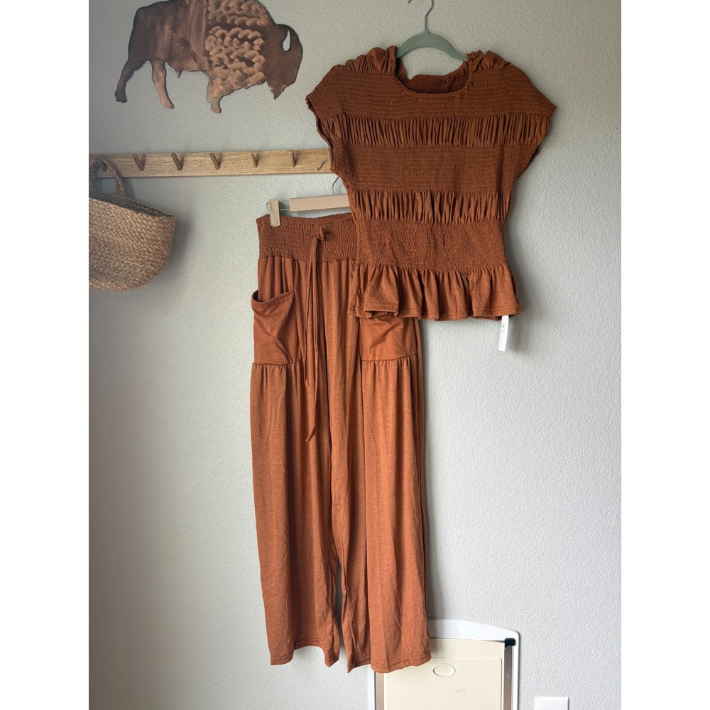 Loma Smocked Peplum Top and Wide Leg Pant Set Rust Orange Boho 2 Piece NWT